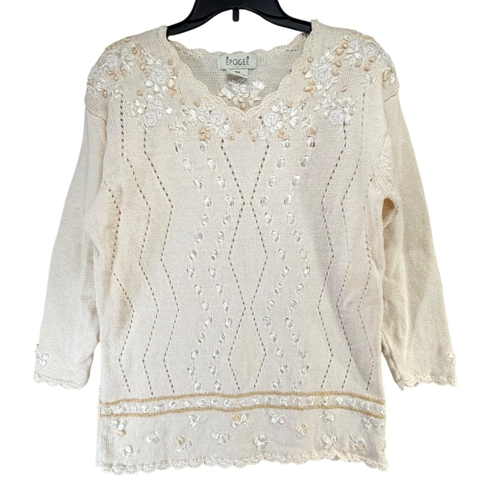 Vintage Epogee Knitted Sweater Womens L Cream Floral Ribbons Cottage Coquette
